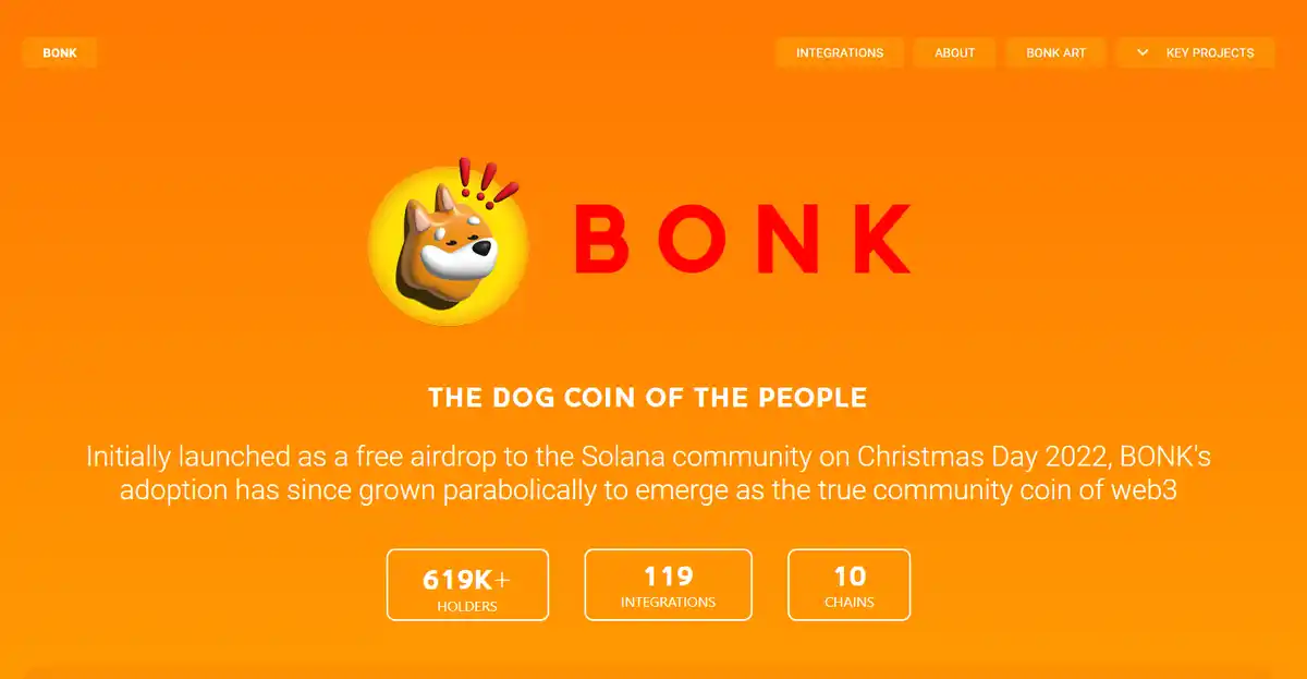 The website homepage of the Bonk meme token