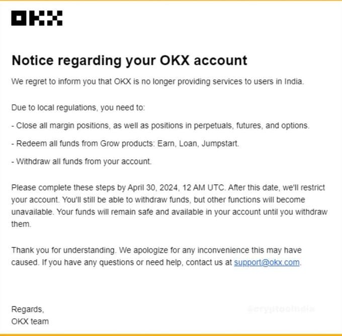 OKX Ceases Operations in India