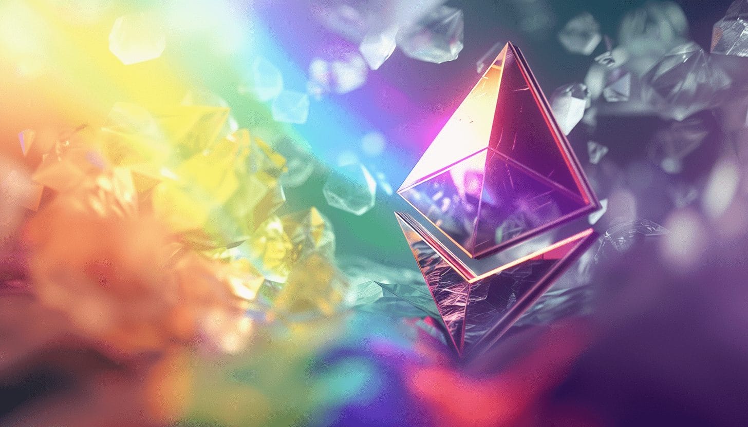 A shimmering, three-dimensional Ethereum logo in radiant purples and oranges, prominently centered over a blurred background with a bokeh effect that gives the impression of a rainbow staking environment.