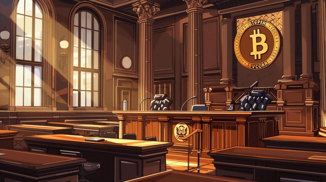 Illustration of a courtroom with a Bitcoin emblem, symbolizing the trial against Terraform Labs and Do Kwon, set to begin in NYC following his Montenegrin prison release.