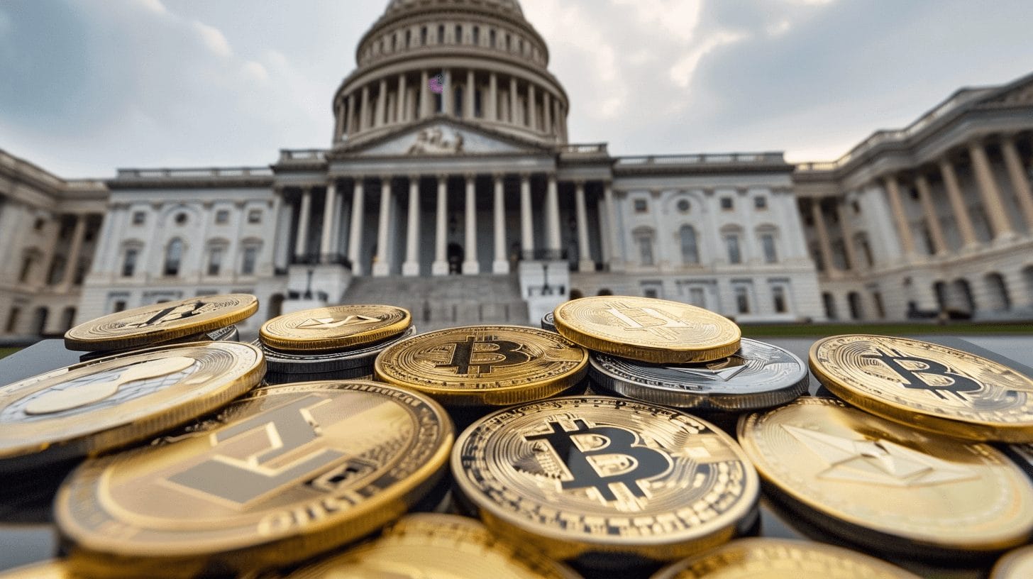 Cryptocurrency coin in the foreground against a blurred United States Capitol building backdrop, representing the political tension as Elizabeth Warren criticizes crypto for enabling 'pig butchering' scams and North Korea's threatening activities.