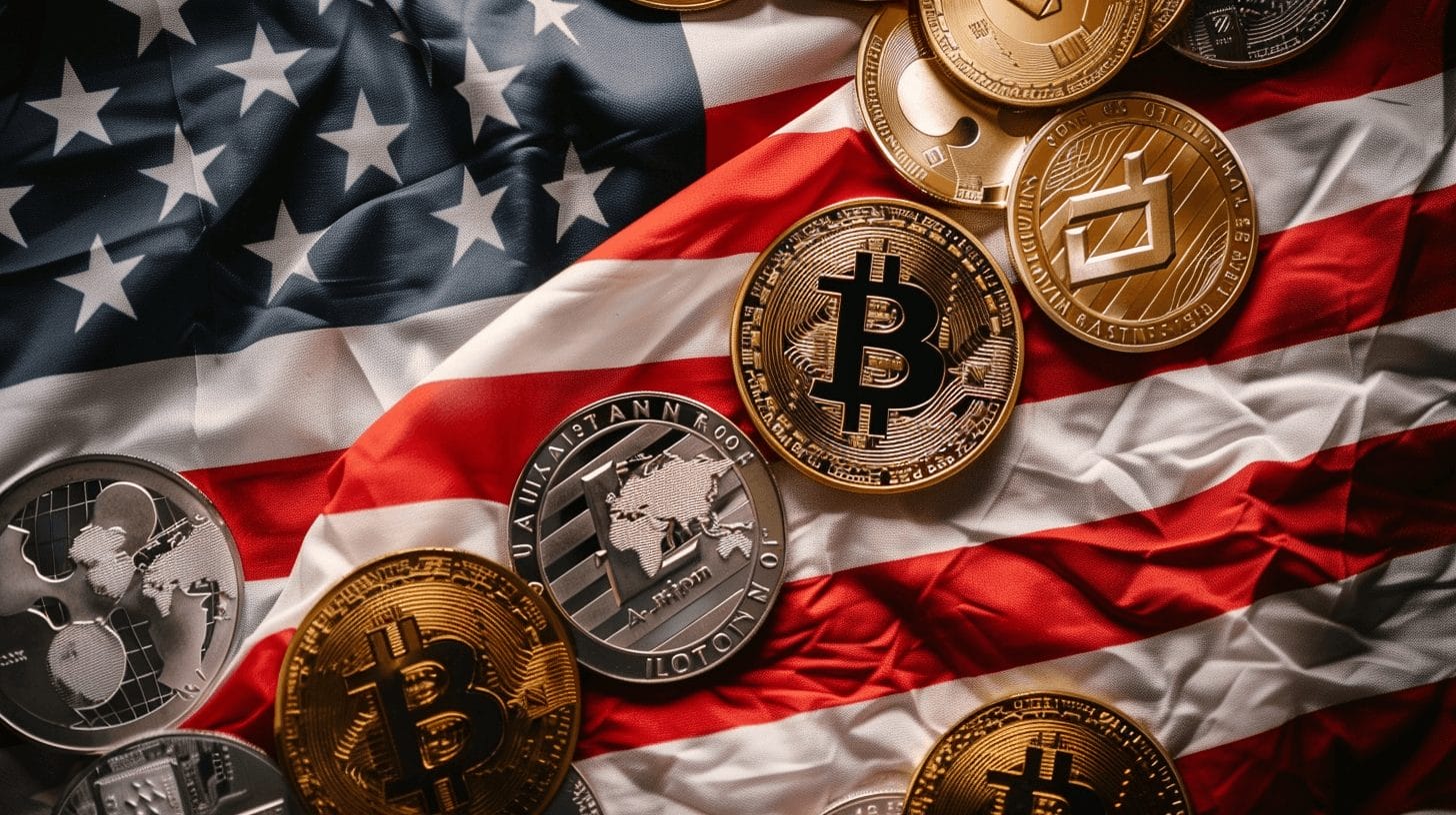 A collection of cryptocurrency coins, including Bitcoin, superimposed on a rippling American flag, symbolizes the intersection of cryptocurrency and U.S. sanctions in relation to the invasion of Ukraine.