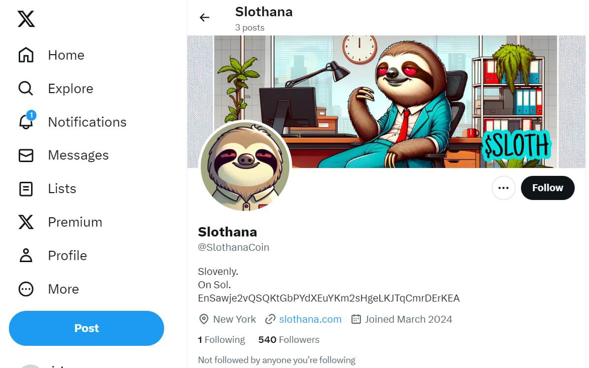 Slothana meme token Twitter page