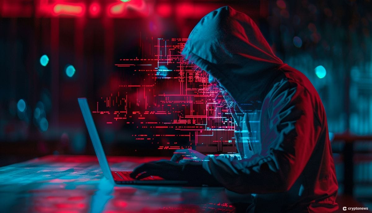Anonymous individual with a hood typing on a laptop in a dark room illuminated by red and blue lights, symbolizing the urgency and clandestine nature of resolving the OKX API glitch in the crypto trading environment.