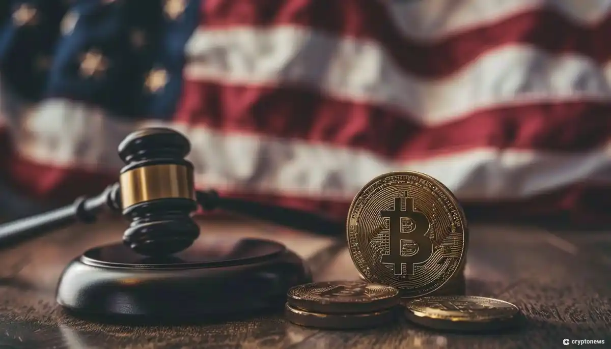 Physical Bitcoin and a judge's gavel with the US flag in the background.