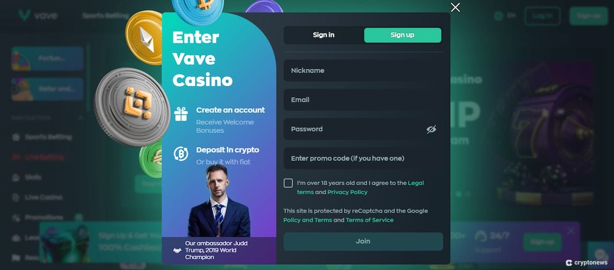 create an account at vave