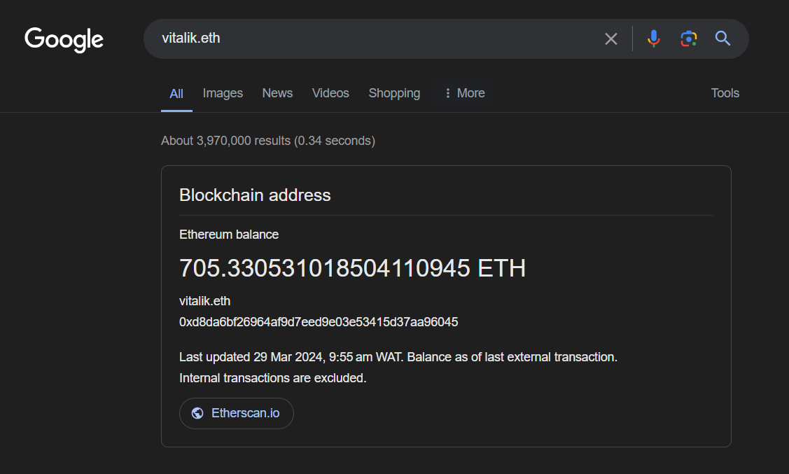 Google Search of the Ethereum Naming System (ENS) Domain "vitalik.eth"