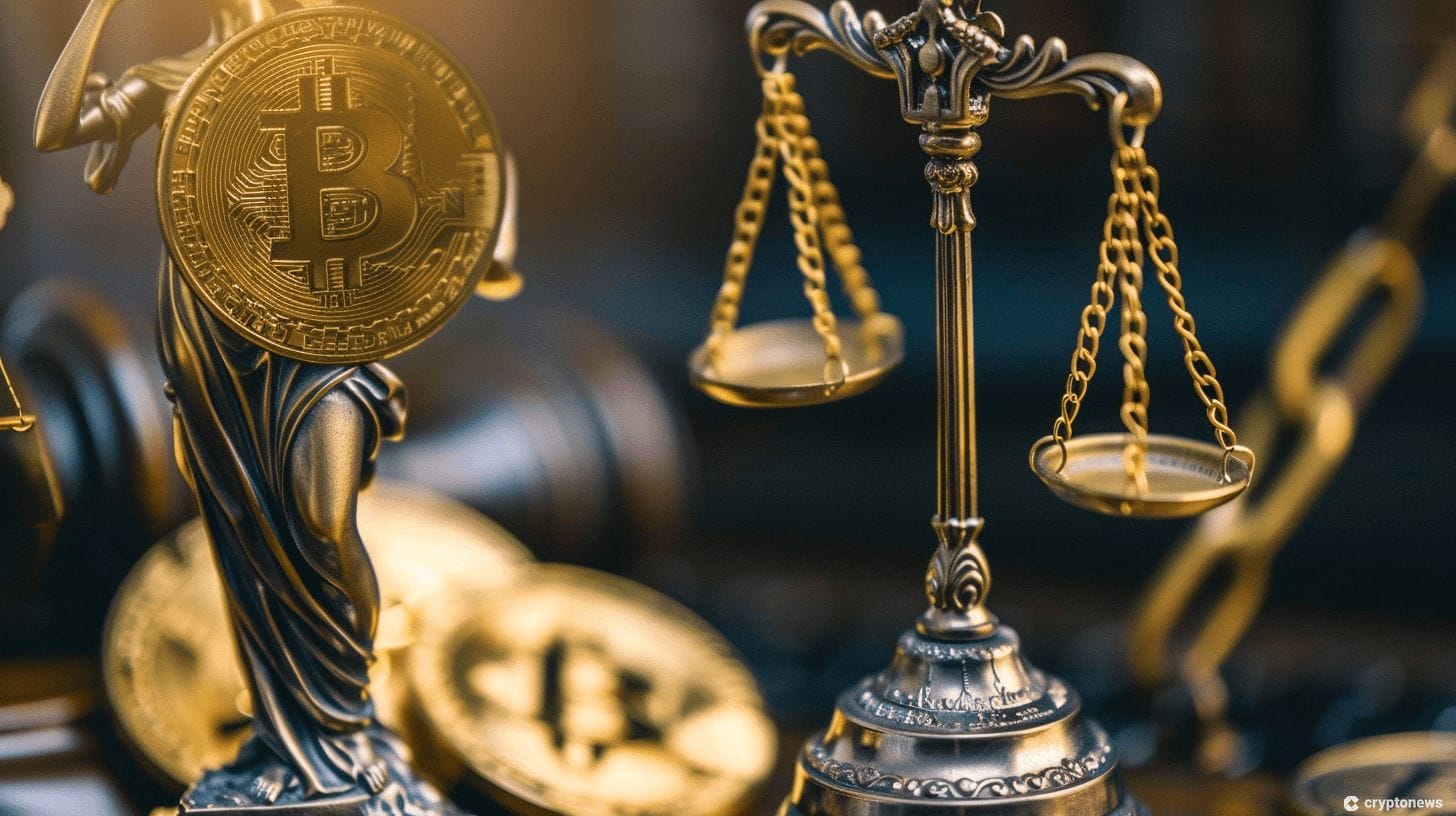 A desk featuring a Bitcoin token and scale of justice following the CFTC Commissioner's criticism of the agency's KuCoin Charges