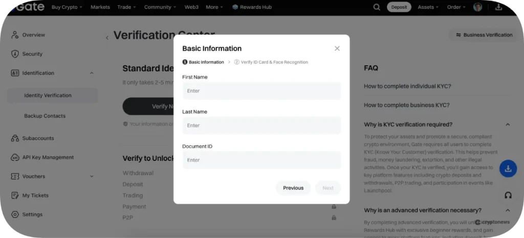 Complete KYC verification on gate.io