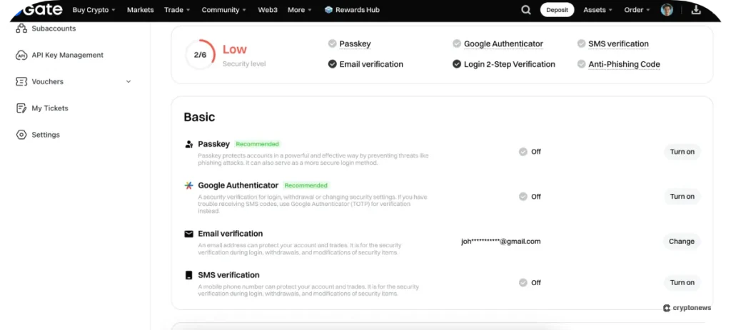 Activate Security Features on gate.io