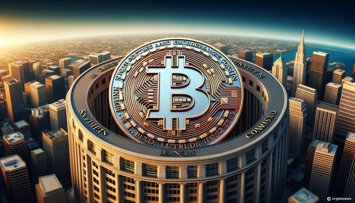 A round, colosseum-like building with a big Bitcoin on its roof.
