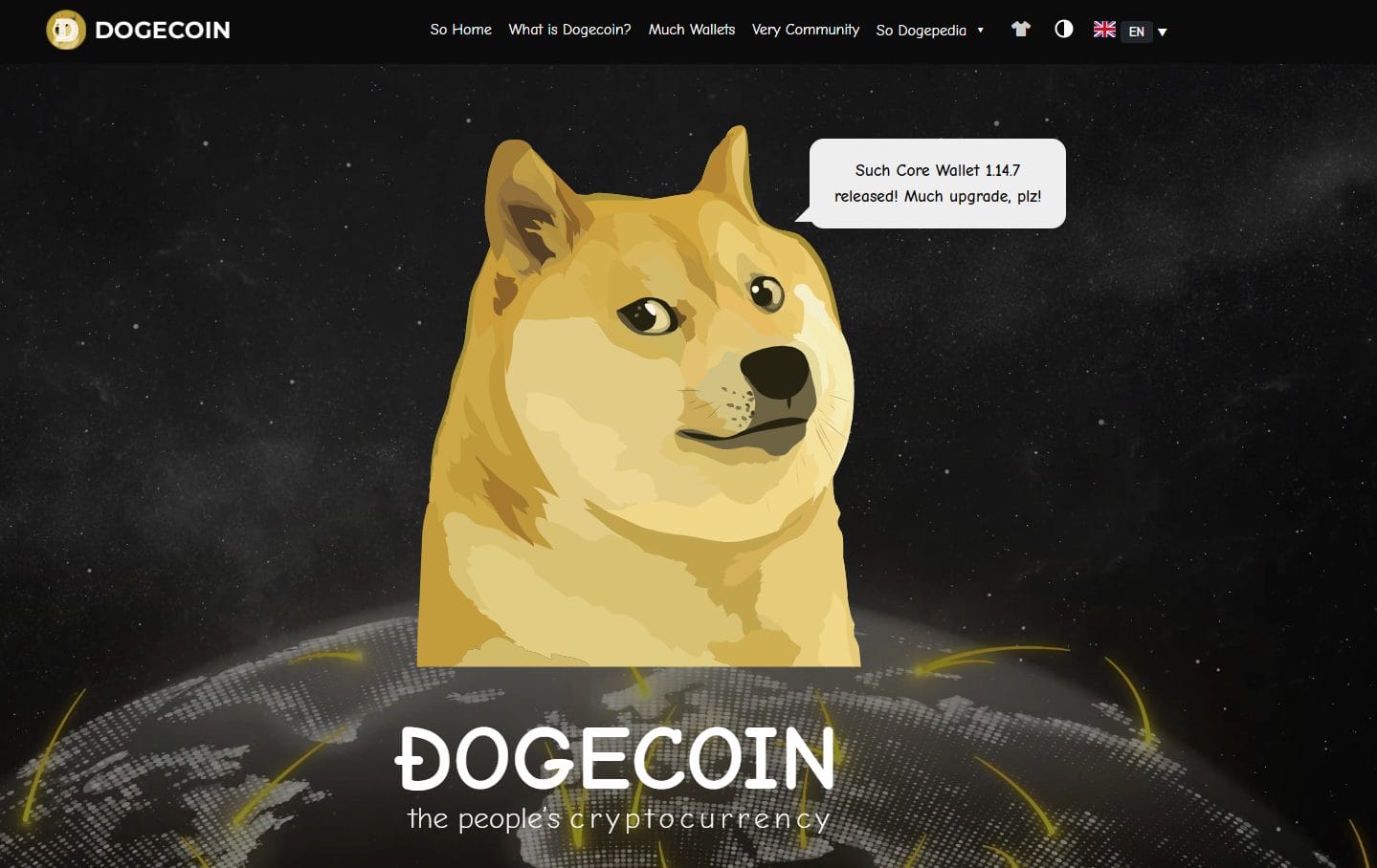 The website homepage of the original meme coin, Dogecoin