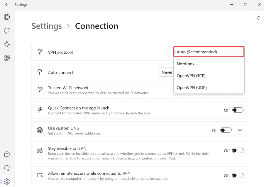 NordVPN available connection protocols