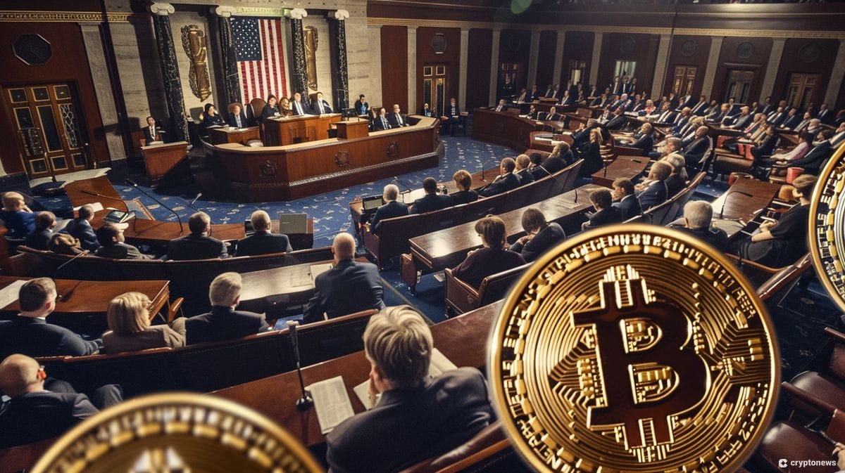 A depiction of the U.S. senate with cryptocurrencies overlaid.