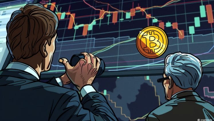 Two men in suits are looking at a screen with a graph of the Bitcoin price and other financial data. The image is meant to convey the idea that the Bitcoin price is being affected by the Fed rate.