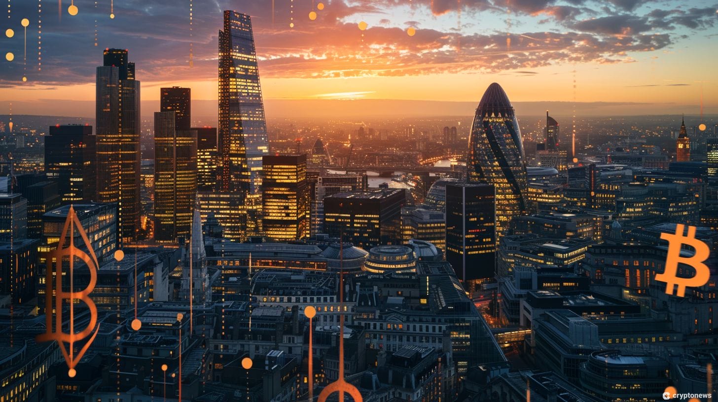 A photo of a modern city skyline at sunset, representing the rise of cryptocurrency adoption in the UK. Coinbase UK is now integrated with Apple Pay, making it easier and more convenient for UK residents to buy and sell cryptocurrencies.