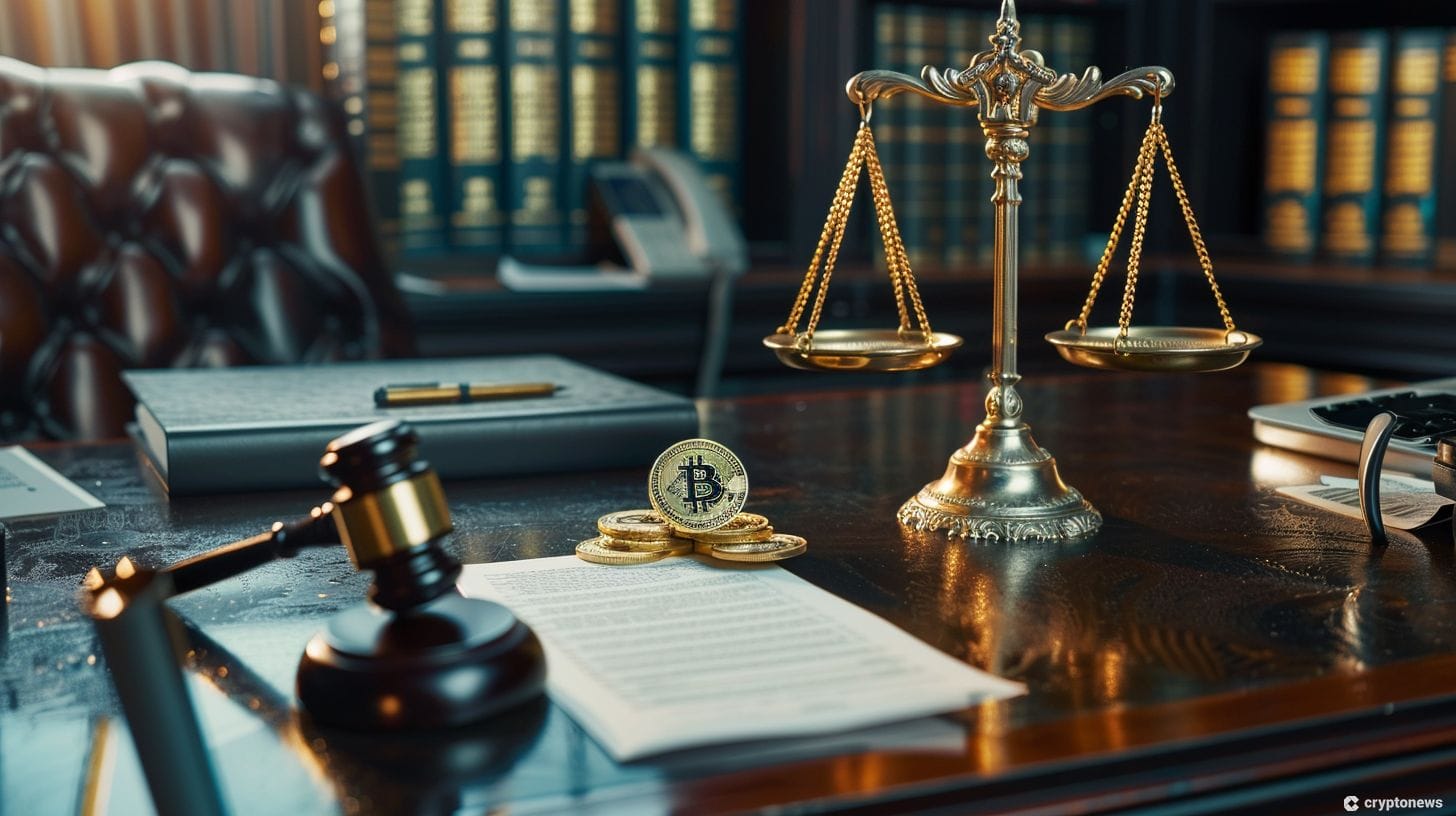 A desk with a gavel, legal filings, cryptocurrencies, and a scale of justice.