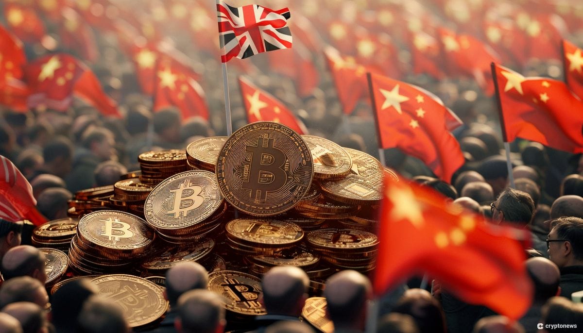A pile of Bitcoin with a UK flag sticking out, and a crowd holding China flags around it.
