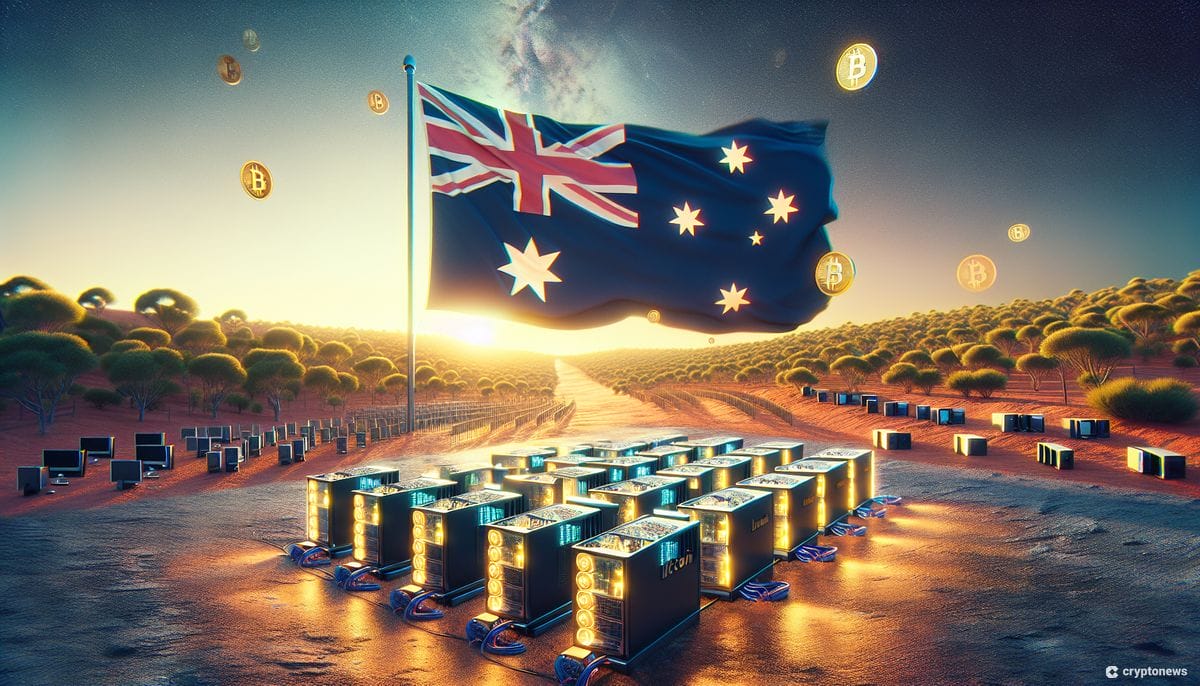 Large Australian flag waving in the wind. In the foreground are scattered metal crates overflowing with gold colored cryptocurrencies. This image could represent the growth of the Australia crypto industry, or the potential risks involved.