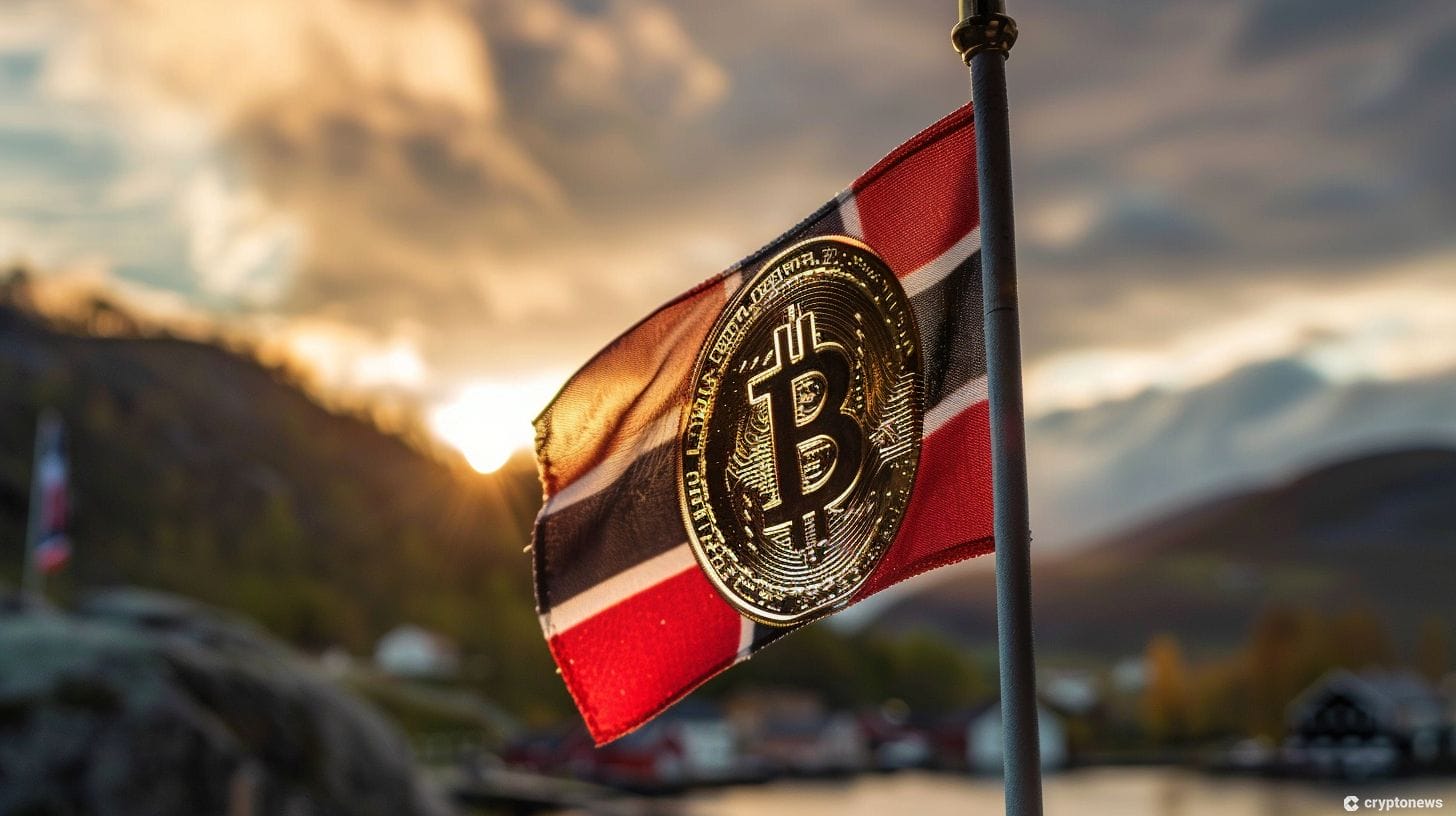A Norwegian flag featuring a gold Bitcoin symbol flutters in the wind, symbolizing the ongoing controversy surrounding Satoshi Nakamoto's identity, with Craig Wright and Marcus Granath at the center.