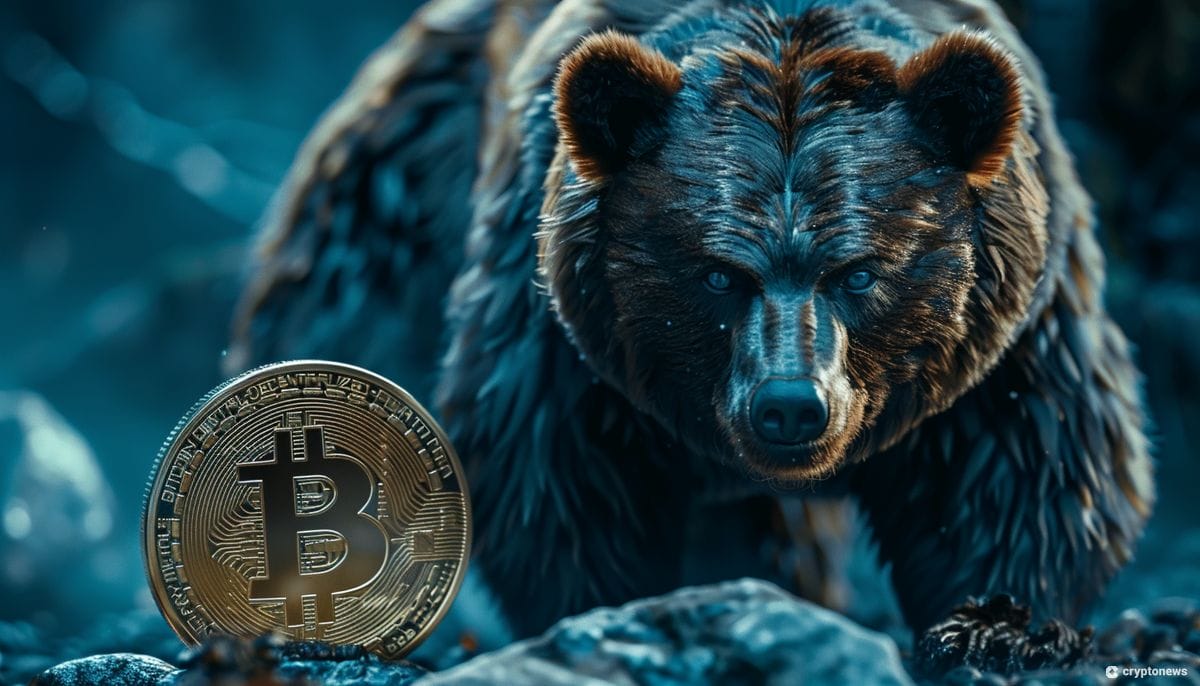 A bitcoin with a bear behind it.