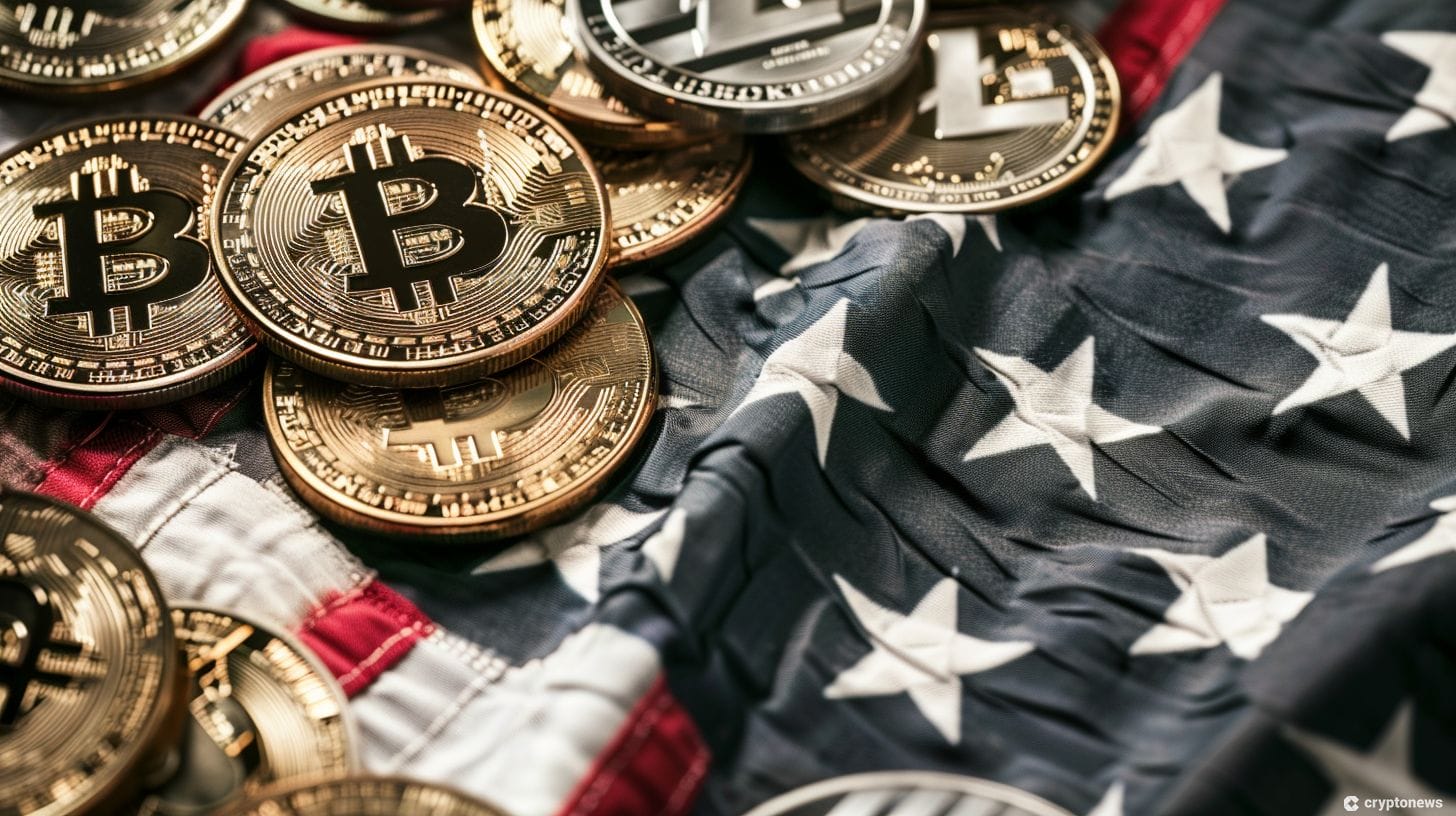 The U.S. flag covered in cryptocurrencies.