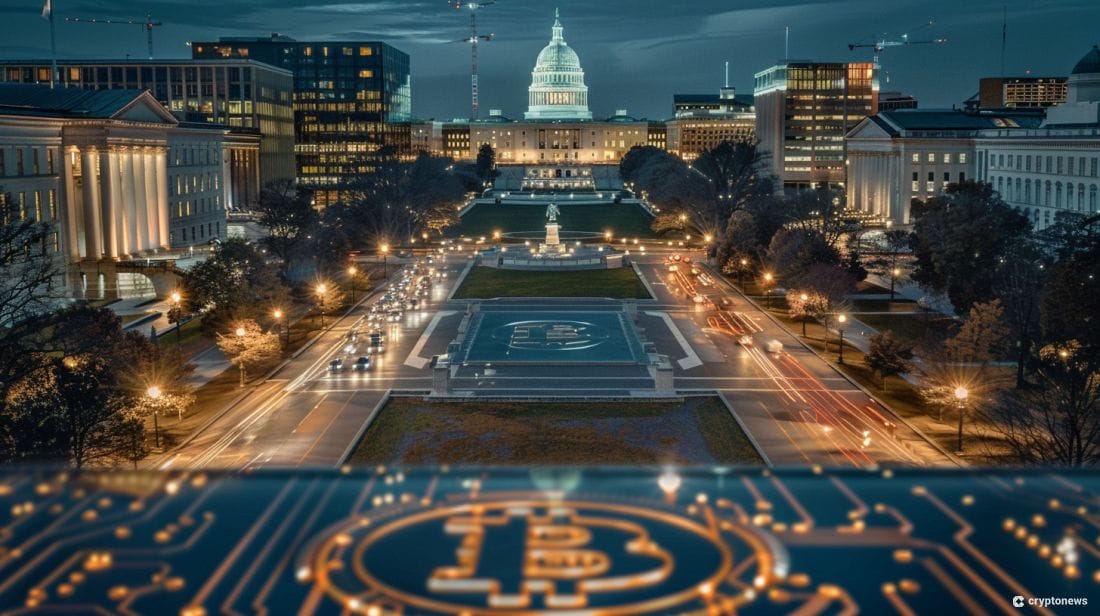 Washington D.C. overlaid with cryptocurrencies.