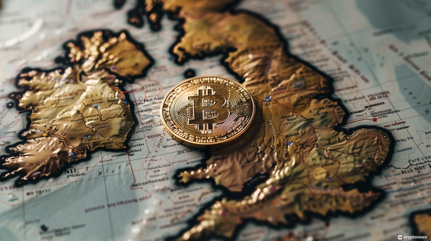 A Bitcoin overlaid on a map of the UK.