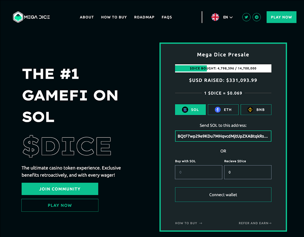 New Solana GambleFi Token Mega Dice Raises $300,000+ in Crypto Presale