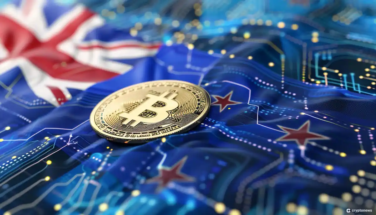 A gold Bitcoin rests on a digital representation of the New Zealand flag, adorned with circuitry patterns, symbolizing the potential emergence of a New Zealand CBDC.