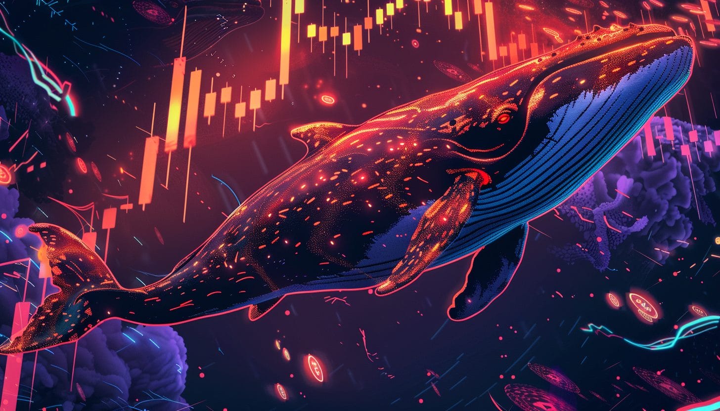 A stylized digital illustration of a glowing whale swimming amidst cryptocurrency symbols and stock market charts, representing the influence of Tron Founder, Justin Sun, and other crypto whales on the broader crypto markets.