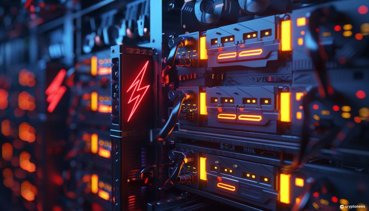 A closeup of Bitcoin mining hardware with glowing red lights, representing how the Lightning Network benefits small-scale Bitcoin miners by enabling instant, low-cost payouts pre-halving.
