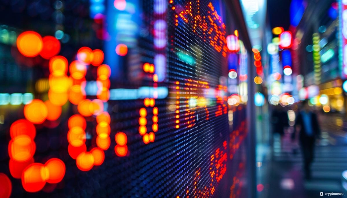 A brightly lit stock ticker displays fluctuating numbers, reflecting the dynamic changes and growth in CEX trading volumes within the cryptocurrency market.