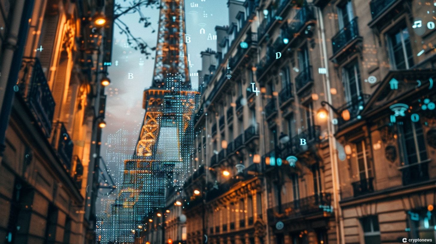 A Parisian cityscape with the Eiffel Tower in the background is overlaid with digital elements, symbolizing the intersection of luxury fashion and Web3 technology as seen in Maison Margiela's MetaTABI NFT collection.