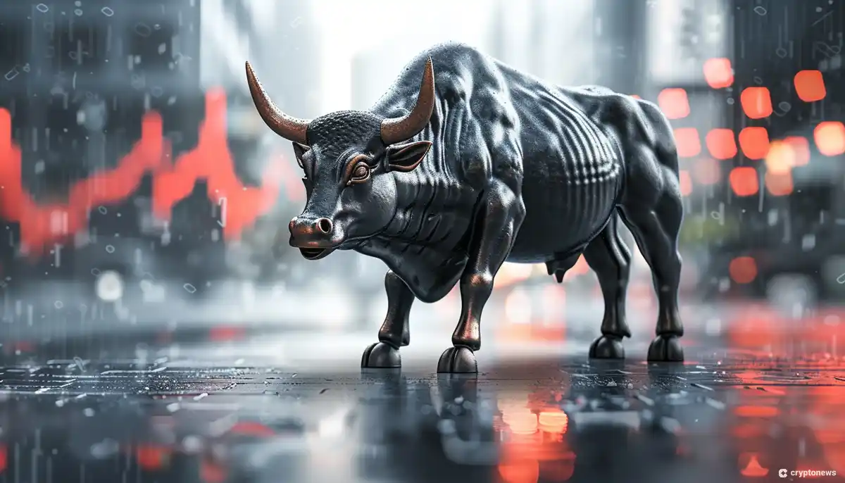 A metallic bull statue stands strong against a backdrop of city lights and falling stock tickers, symbolizing the potential strength and resilience of Bitcoin ETFs like Blackrock's IBIT and Grayscale's GBTC.