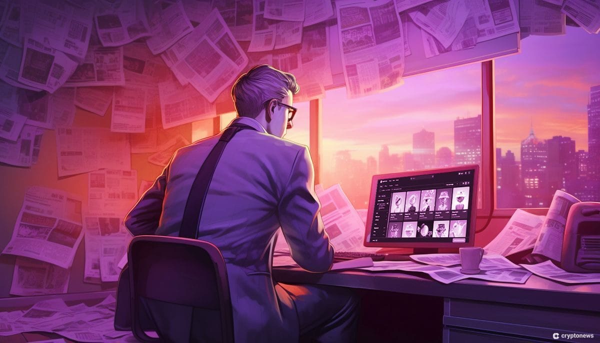 Illustration of a person working on a laptop with Yuga Labs logos, representing the company's strategic move in selling NFT game IP rights.