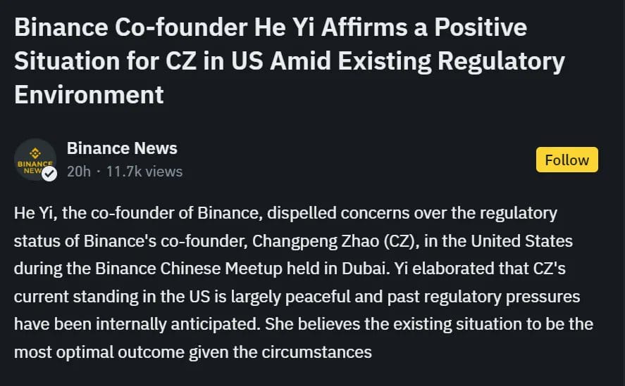 Binance Co-Founder Says Former CEO CZ Is in a 'Positive Situation' Ahead of Sentencing