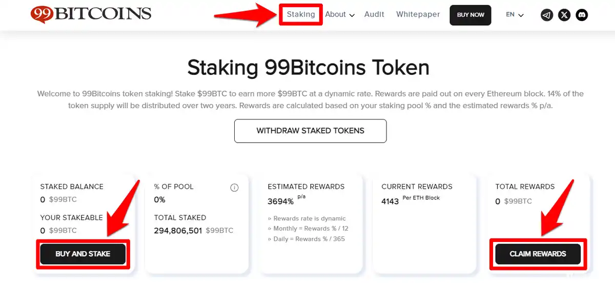 How to stake $99BTC and claim rewards; 99Bitcoins APY, total tokens staked, and current reward rate per ETH block.
