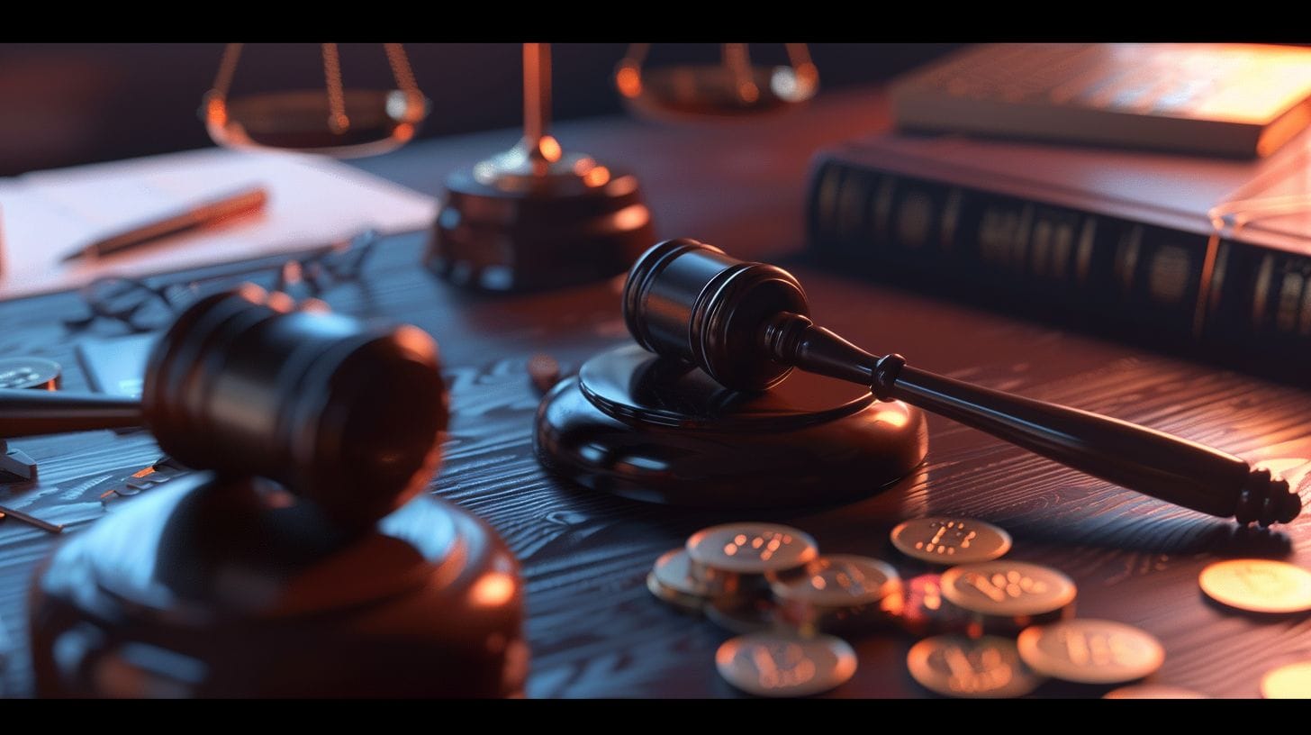 Gavel, legal books, and coins symbolizing the amended SEC Tron lawsuit against Justin Sun and Tron Foundation.