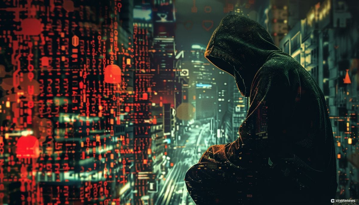 A hooded figure hunches over a cityscape illuminated by lines of code, representing the hidden world of hackers and potential Hedgey finance exploits.