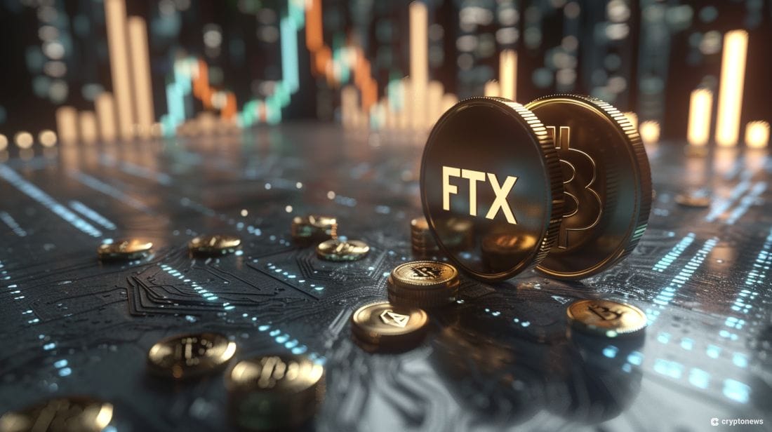 A depiction of FTX and bitcoin on blockchain technology with a graph of cryptocurrency in the background.