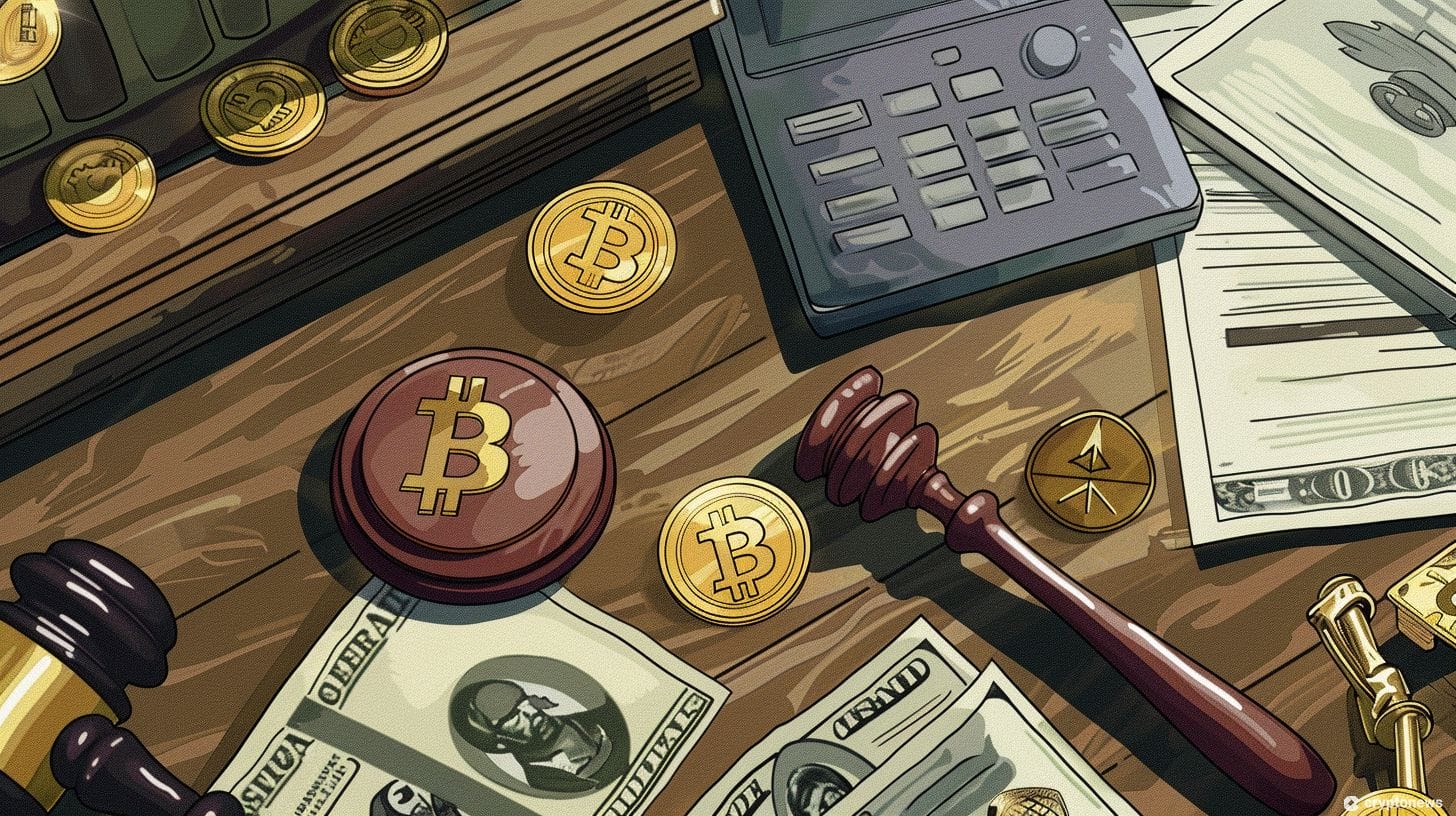 Cryptocurrencies scattered across a desk with a gavel, money and calculator.