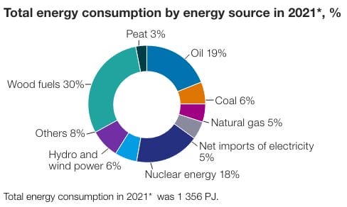 顯示芬蘭不同能源消耗的餅圖。來源：芬蘭統計局。