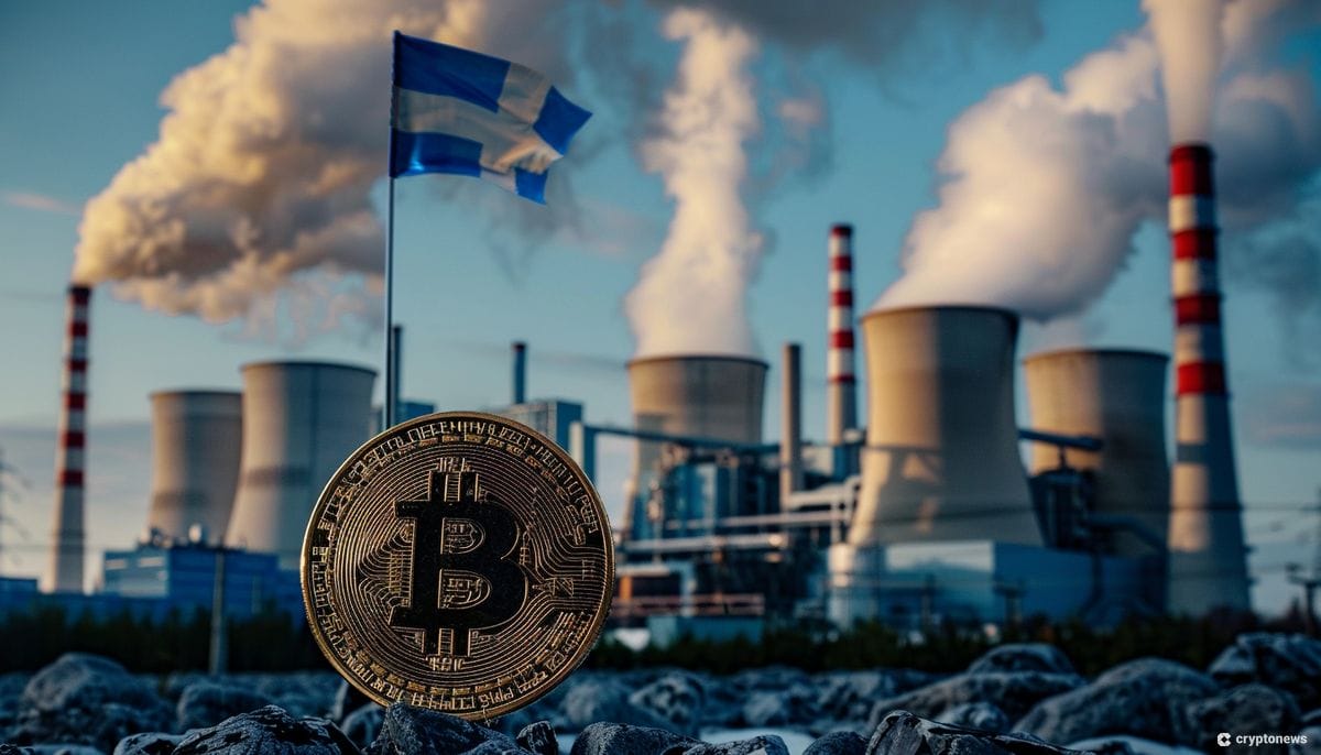 A Bitcoin in front of a power plant with the Finland flag next to it.