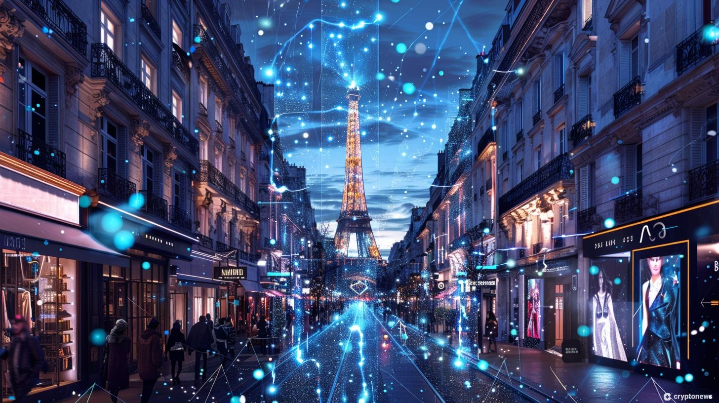The streets of Paris covered in blockchain technology meant to symbolize Louis Vuitton and Pharrell Williams' launch of their Web3 fashion jacket.