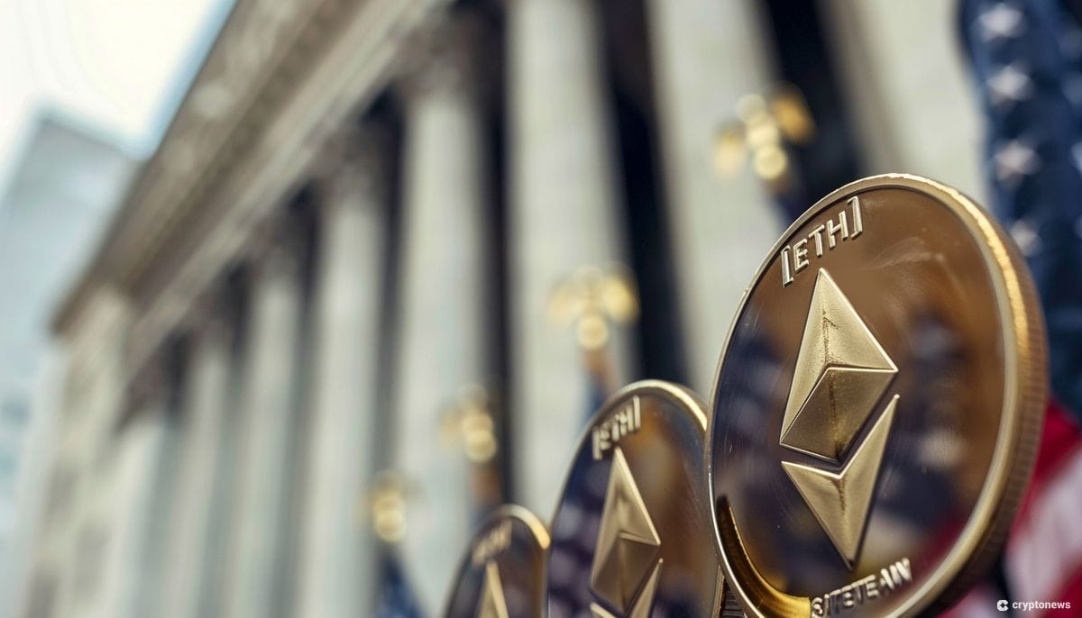 A row of gold coins with the Ethereum logo stand in front of a blurry classical building with columns, likely representing the financial sector. The image is relevant to the discussion of spot Ethereum ETFs and new ICOs that could deliver 50x gains as Ethereum grows.