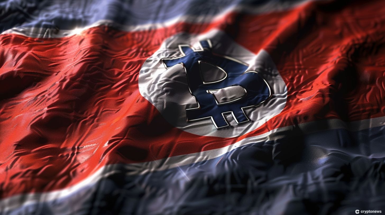 A North Korean flag with a Bitcoin logo symbolizing the Lazarus Group's crypto hacking attempts.