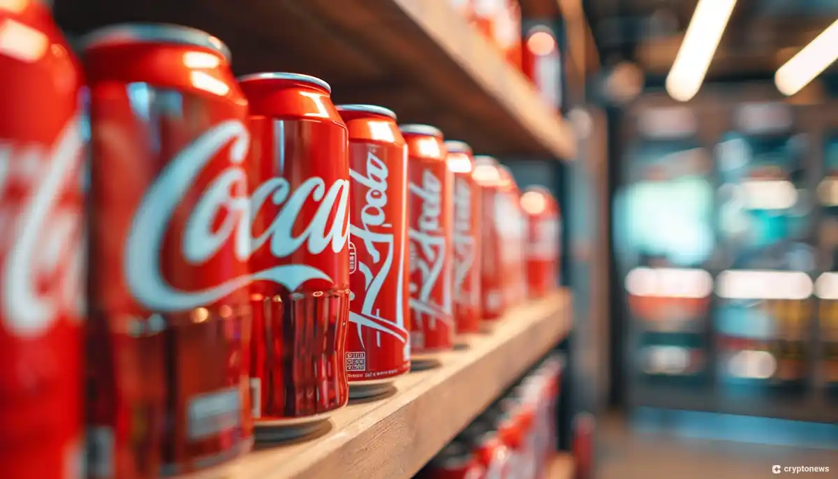 A display of Coca-Cola Can drinks on a wooden shelf.