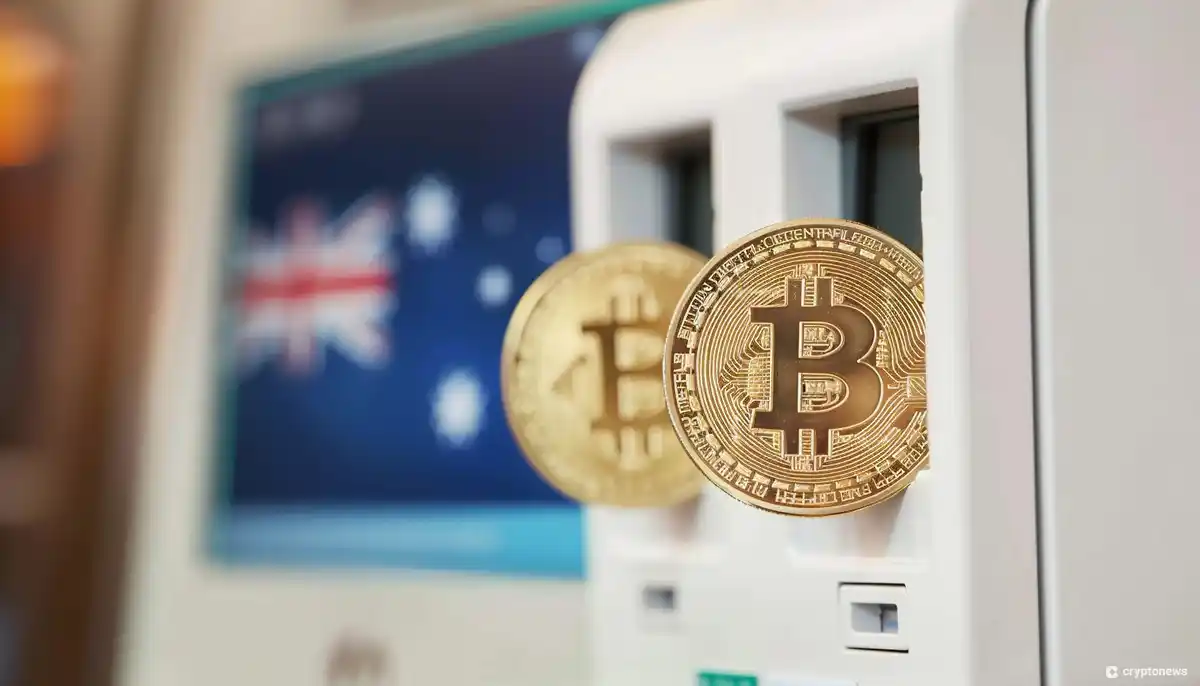 An Australia Bitcoin ATM dispensing two bitcoin Cryptocurrency from two separate holes.