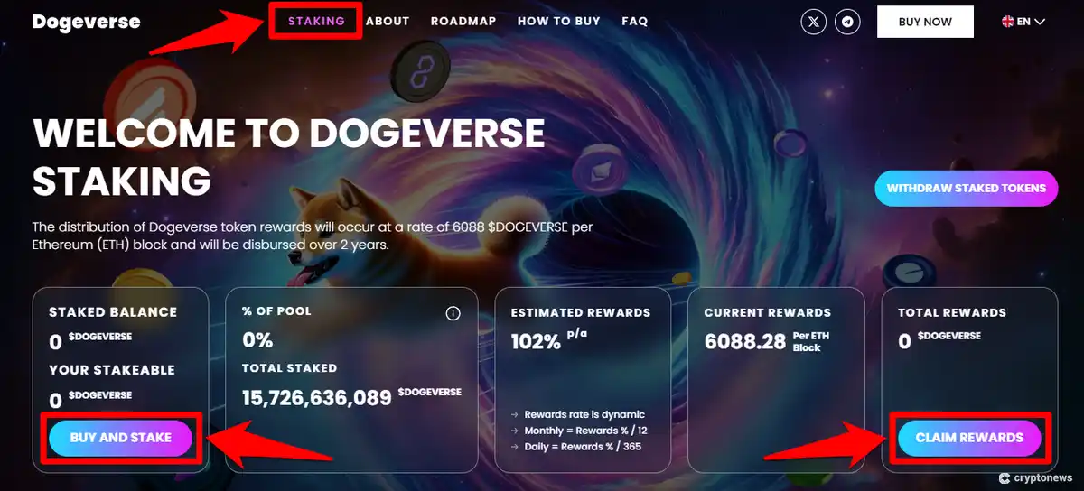 Tutorial on how to stake Dogeverse tokens and earn passive crypto income.
